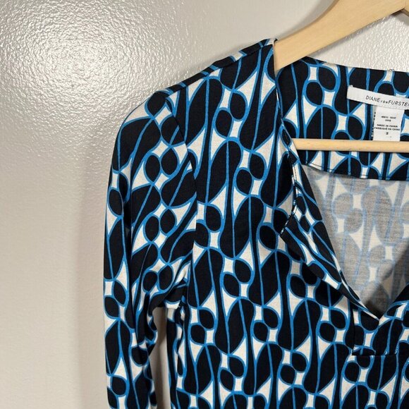 DVF Diane Von Furstenberg Reina Dress Size 2 Silk Blue Black Long Sleeve Shift - Picture 4 of 9